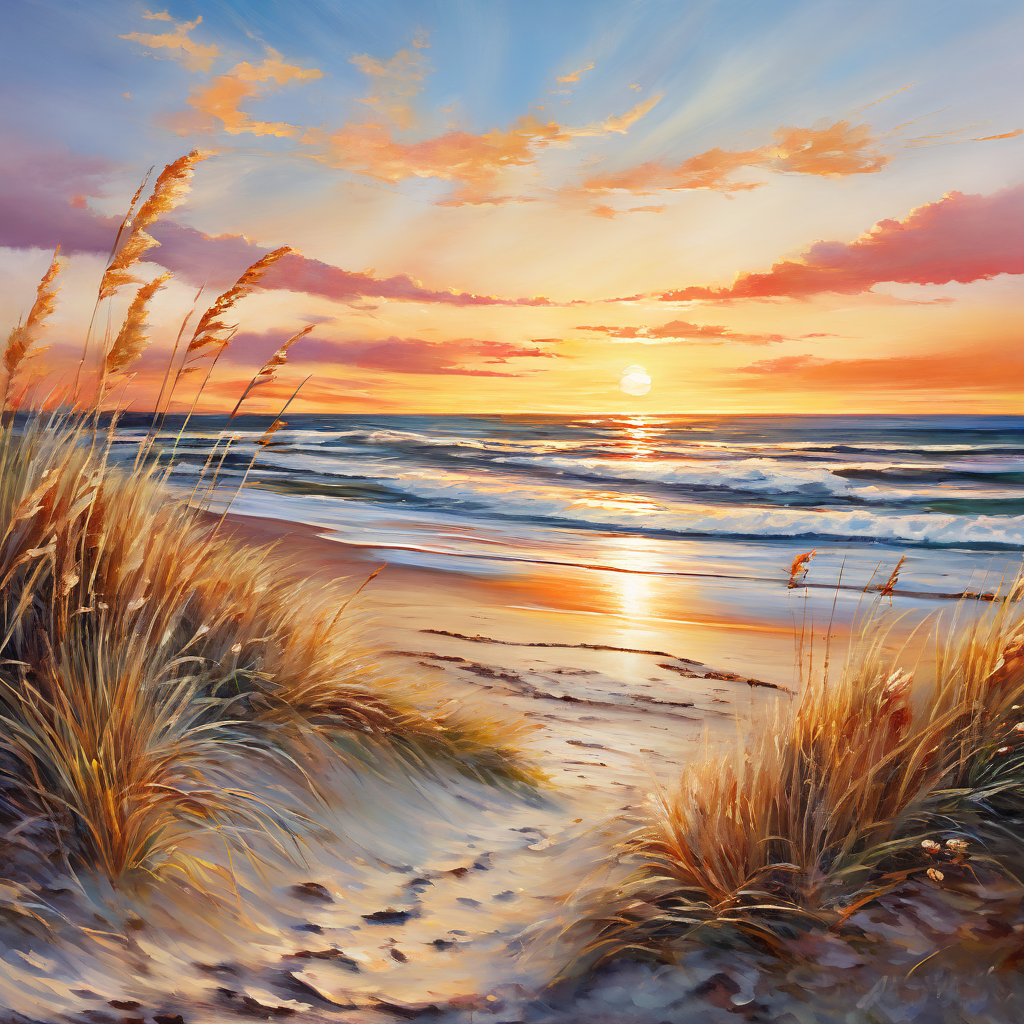 painting of seashore and dunes at sunset
