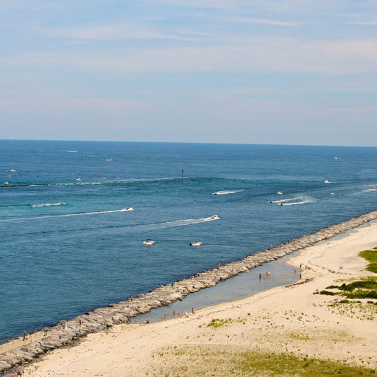 aerial view of waves rolling onto the beach at the Jersey Shore