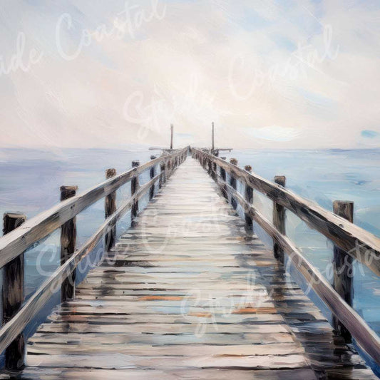 Serene ocean artwork featuring a weathered wooden pier stretching into the horizon, capturing peaceful coastal art with soft blues and converging parallels.
