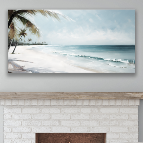SEVEN MILE BEACH is a serene beach artwork on canvas, inspired by the breathtaking shores of the Cayman Islands, capturing the soft waves, swaying palms, and endless white sand of this tropical paradise.