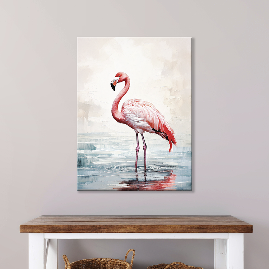 This flamingo art print hanging on a wall – premium thick coastal canvas.