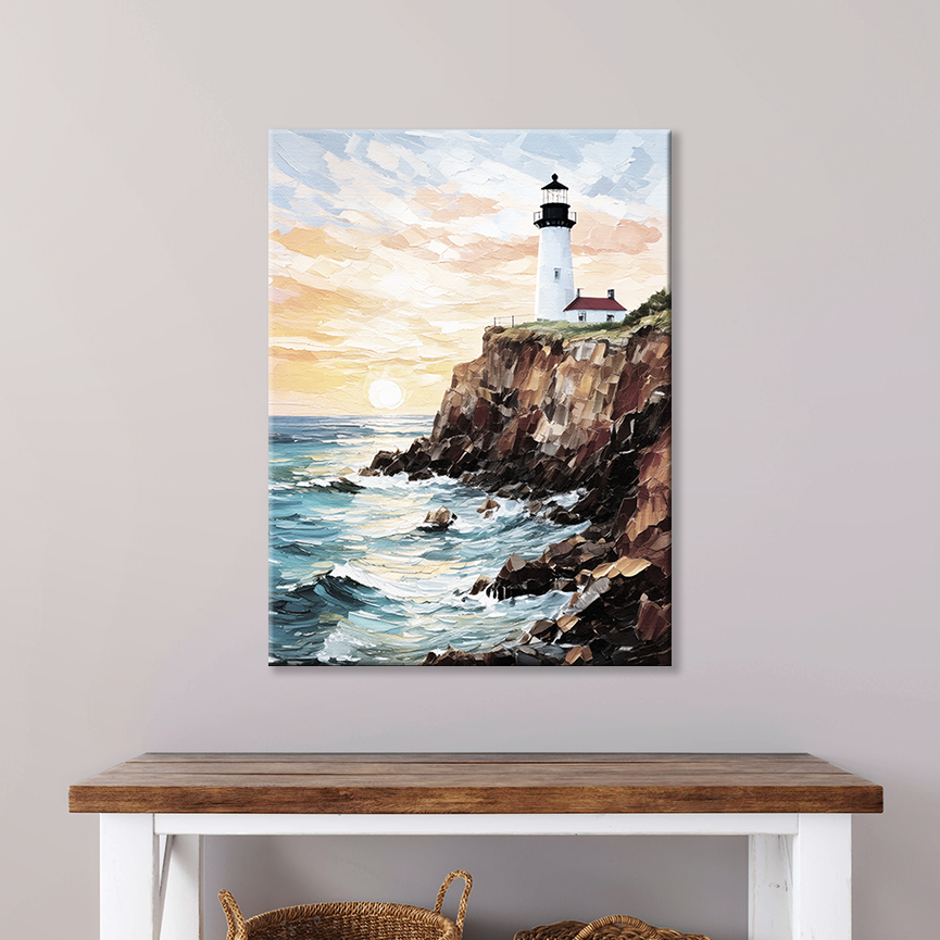 This Maine artwork hanging on a wall – premium thick coastal canvas.