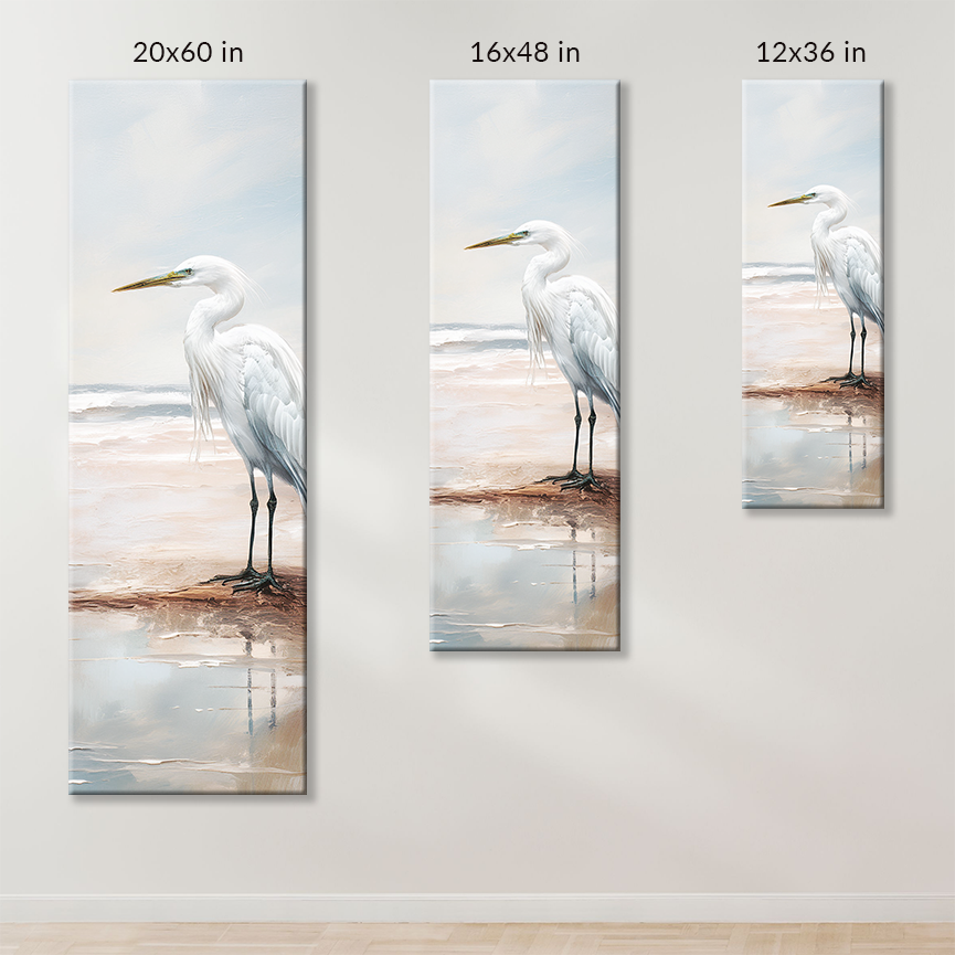 COASTAL HERON, heron wall art, is available in these sizes: 12-inch x 36-inch, 16 in x 48 in, 20 in x 60 in