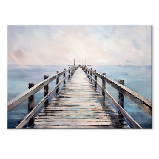 ocean canvas painting PEACEFUL WALK. The wooden pier artwork shows a pier extending over the ocean expanse.