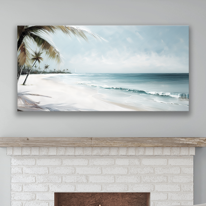 This beach painting canvas hanging on a wall – premium thick coastal canvas.