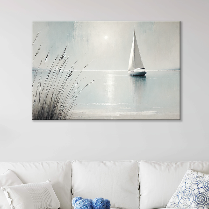 Coastal art print displayed in a bright beach style room, perfect for decorating your beach house or creating a calm ocean-inspired space