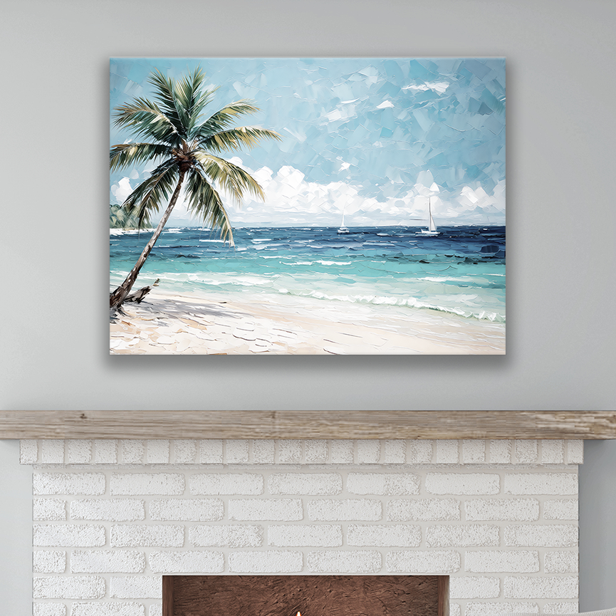 This Caribbean artwork hanging on a wall – premium thick coastal canvas.