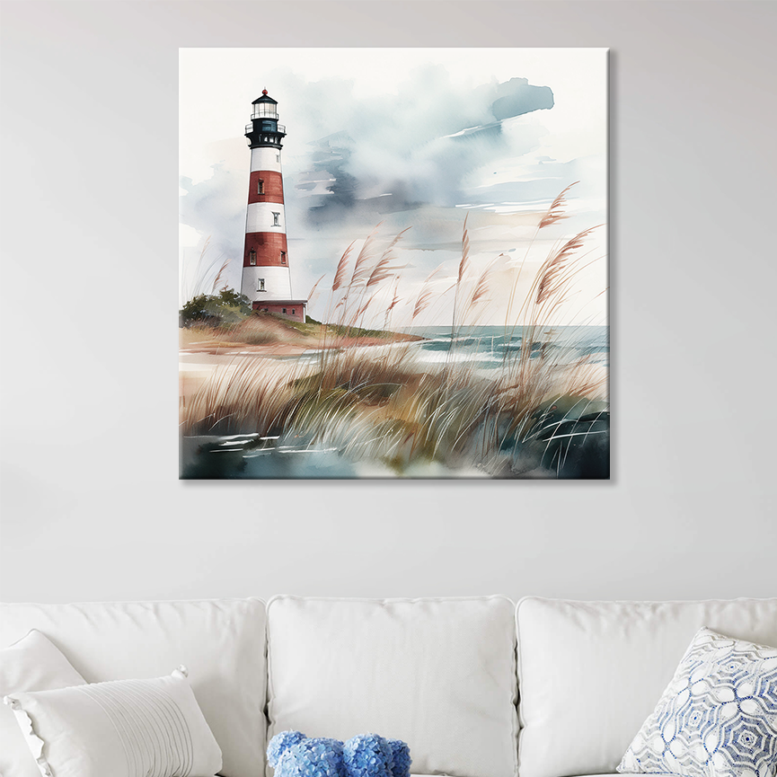The lighthouse wall art STRIPED BEACON. Beach art displayed in a modern living room with coastal decor and beach designs for living rooms
