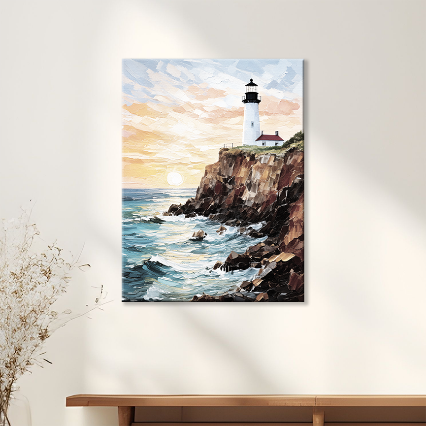This maine lighthouse artwork hanging on a wall, perfect for a beach-inspired space