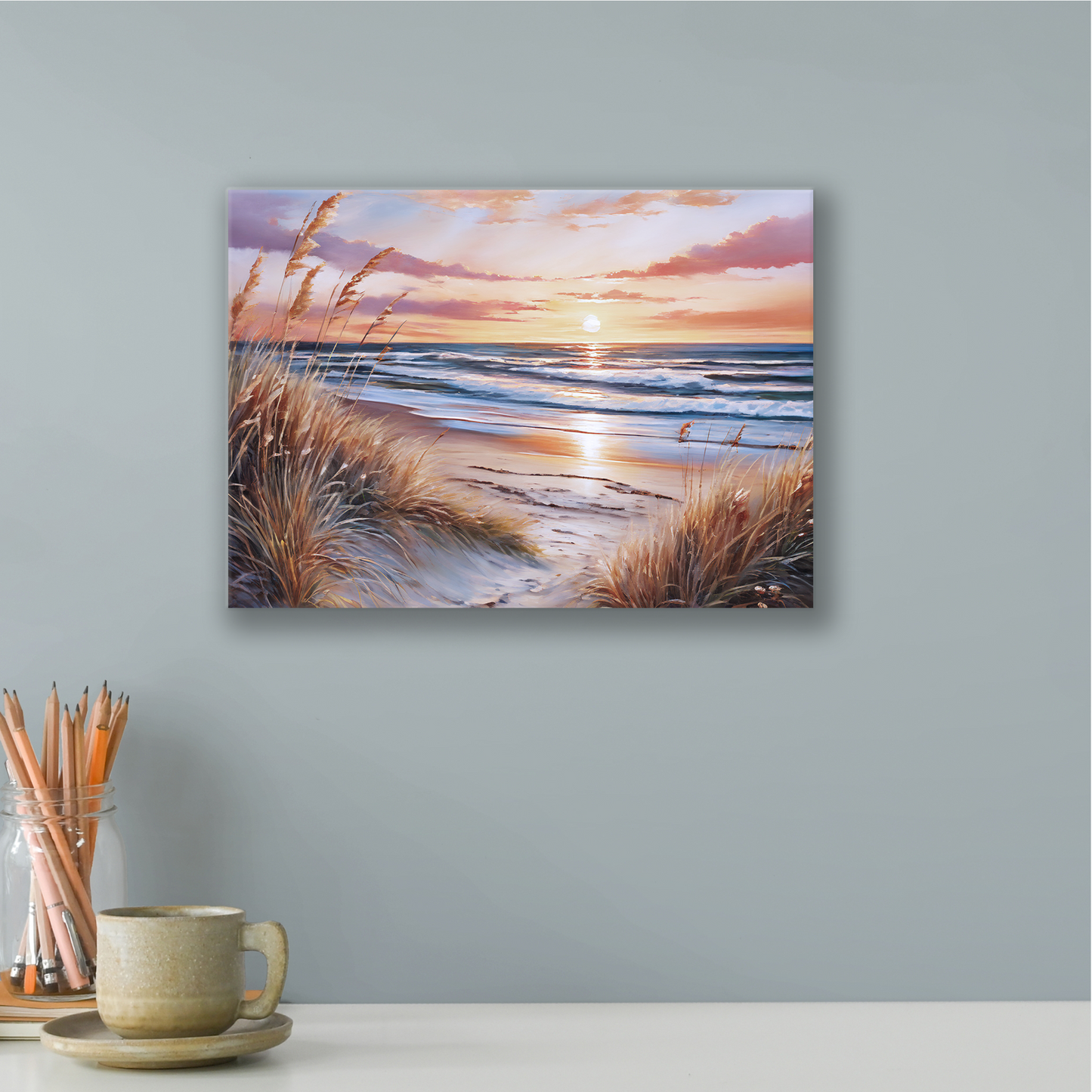 The beach art DUNES AT SUNSET. The piece hangs on a wall.