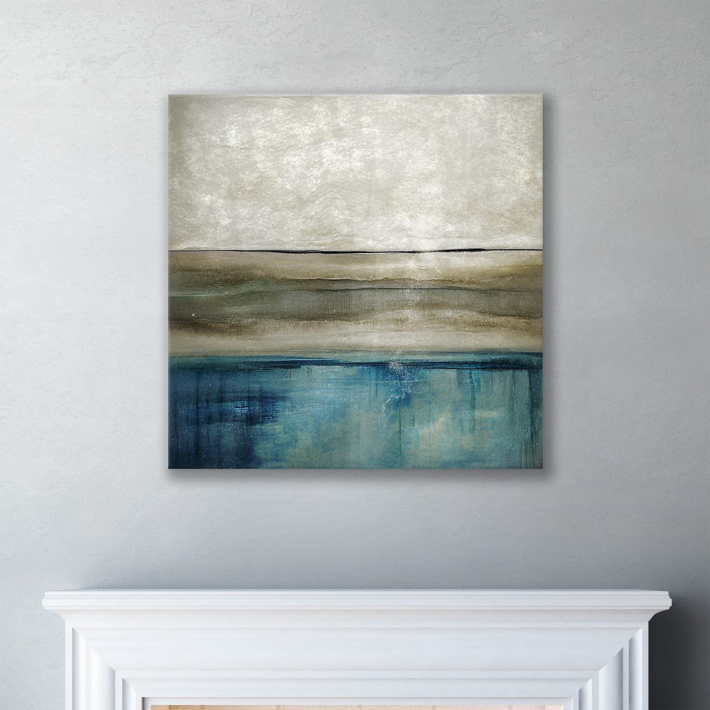 Coastal art print displayed in a bright beach style room, perfect for decorating your beach house or creating a calm ocean-inspired space