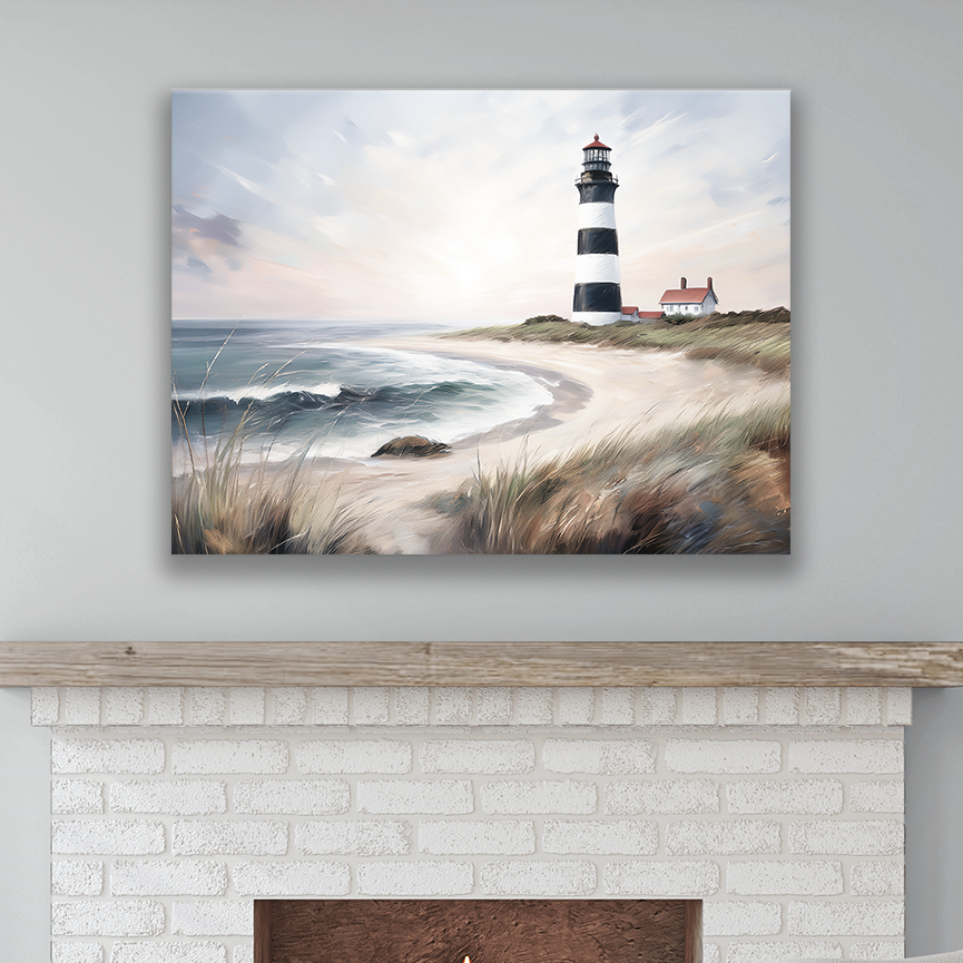 This lighthouse art hanging on a wall – premium thick coastal canvas.