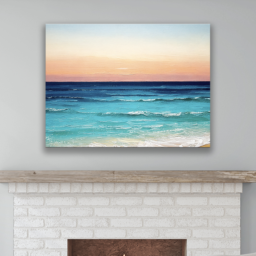 This Hawaiian Sunset Art hanging on a wall – premium thick coastal canvas.