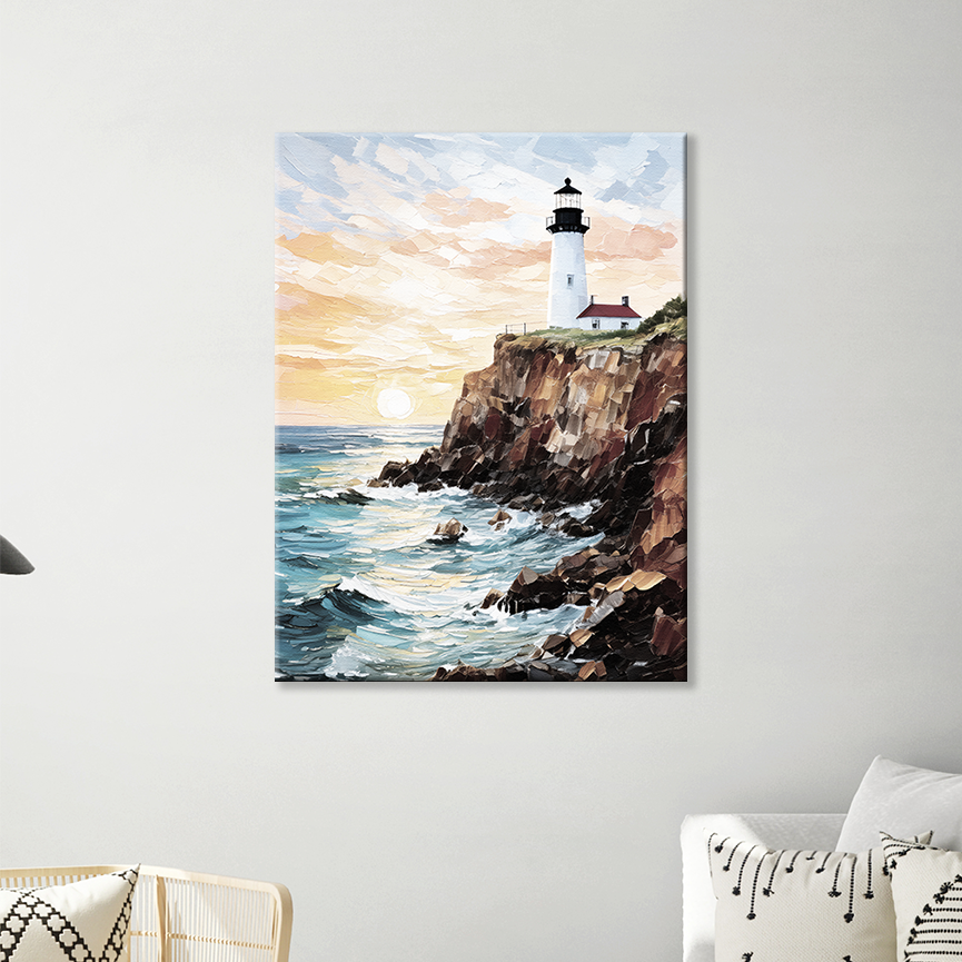 This maine lighthouse artwork hanging on a wall, perfect for a beach-inspired space
