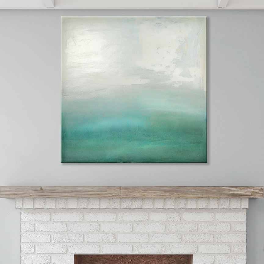 Beach art print styled in a living space with coastal decor, ideal for beach lovers looking to add ocean art prints to their home