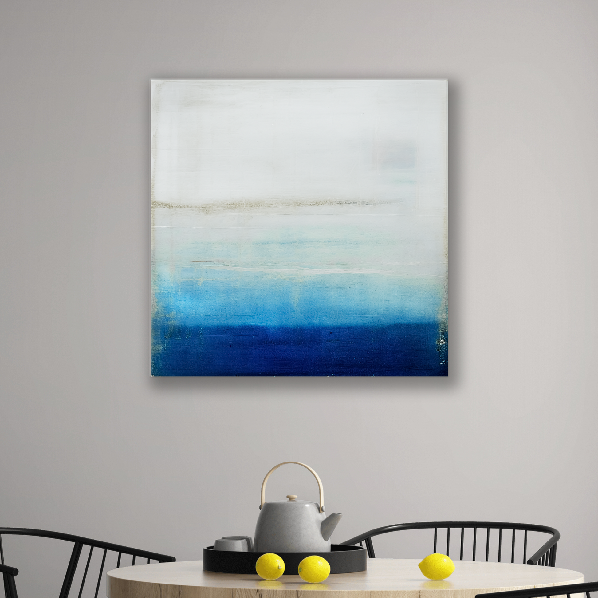 The ocean canvas artwork FOG & MIST. The piece hangs on a wall.