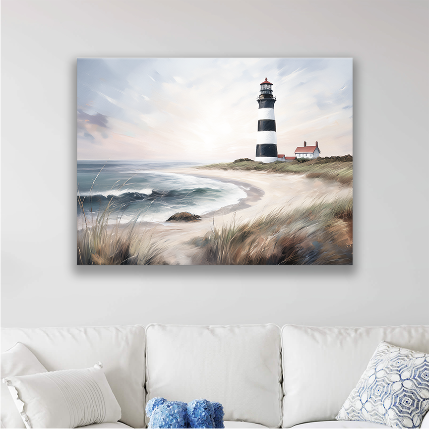 This lighthouse wall art hanging on a wall, perfect for a beach-inspired space