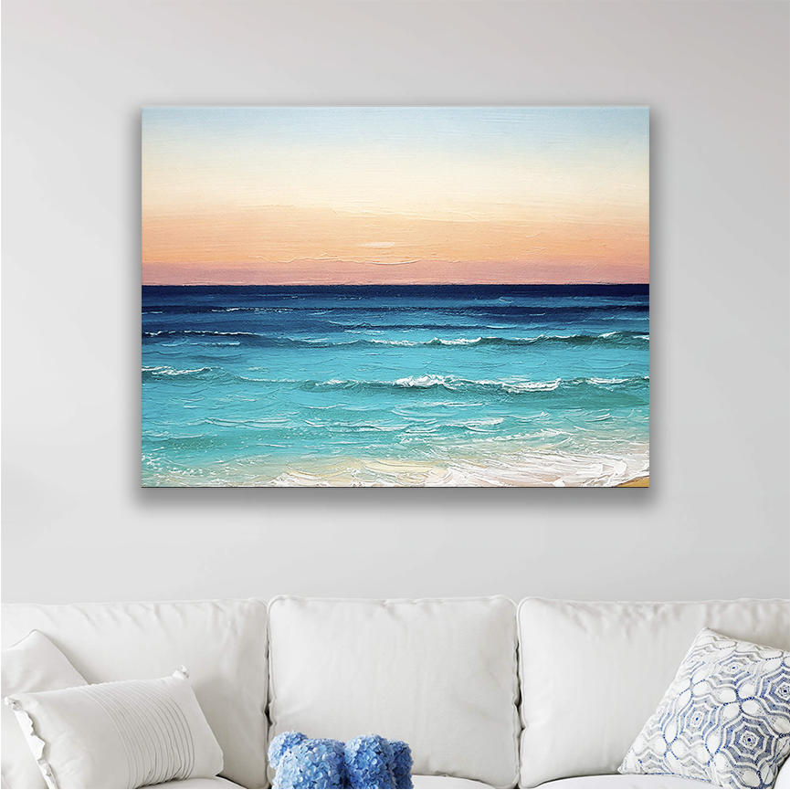 This tropical wall art canvas hanging on a wall, perfect for a beach-inspired space