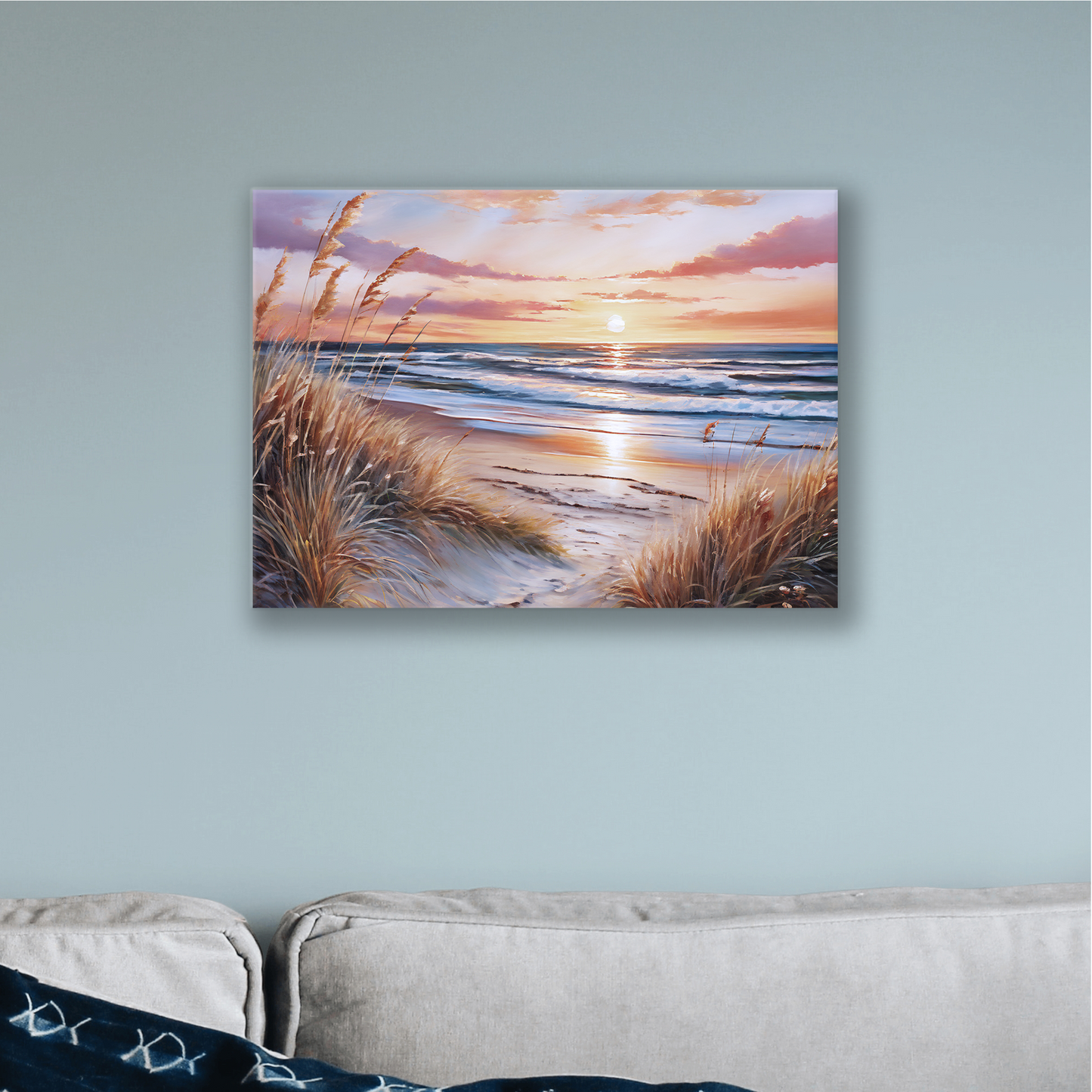 The beach art DUNES AT SUNSET. The piece hangs on a wall.