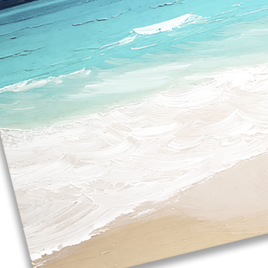 Closeup of SANIBEL BLUES , textured brush strokes on thick poly-cotton blend canvas