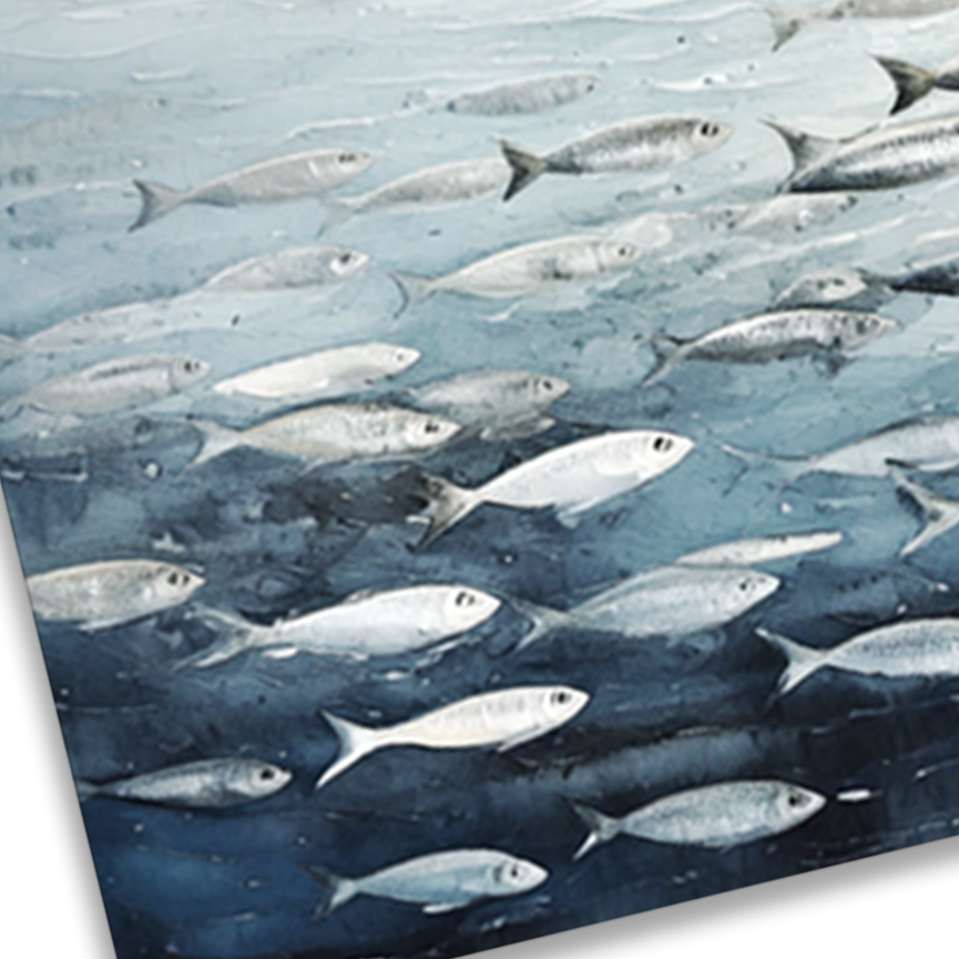 Closeup of SILVER SCHOOL , textured brush strokes on thick poly-cotton blend canvas