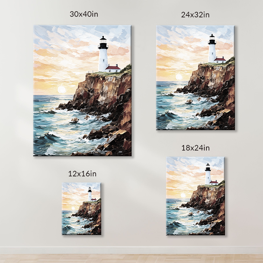 MAINE CLIFFS, beach landscape artwork, is available in these sizes: 12-in x 16-in, 18 in x 24 in, 24 in x 32 in