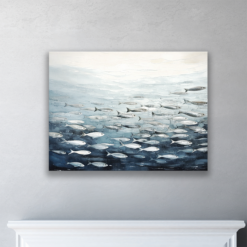 This fish art painting hanging on a wall – premium thick coastal canvas.