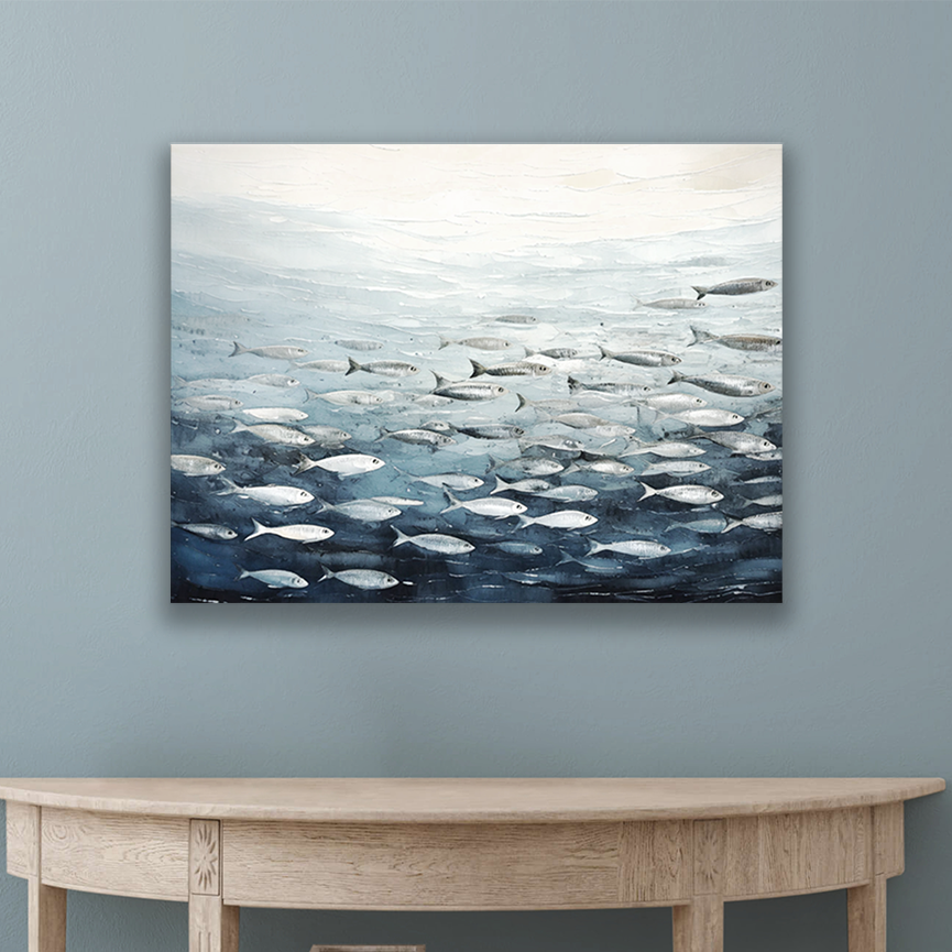 This fish art prints hanging on a wall, perfect for a beach-inspired space