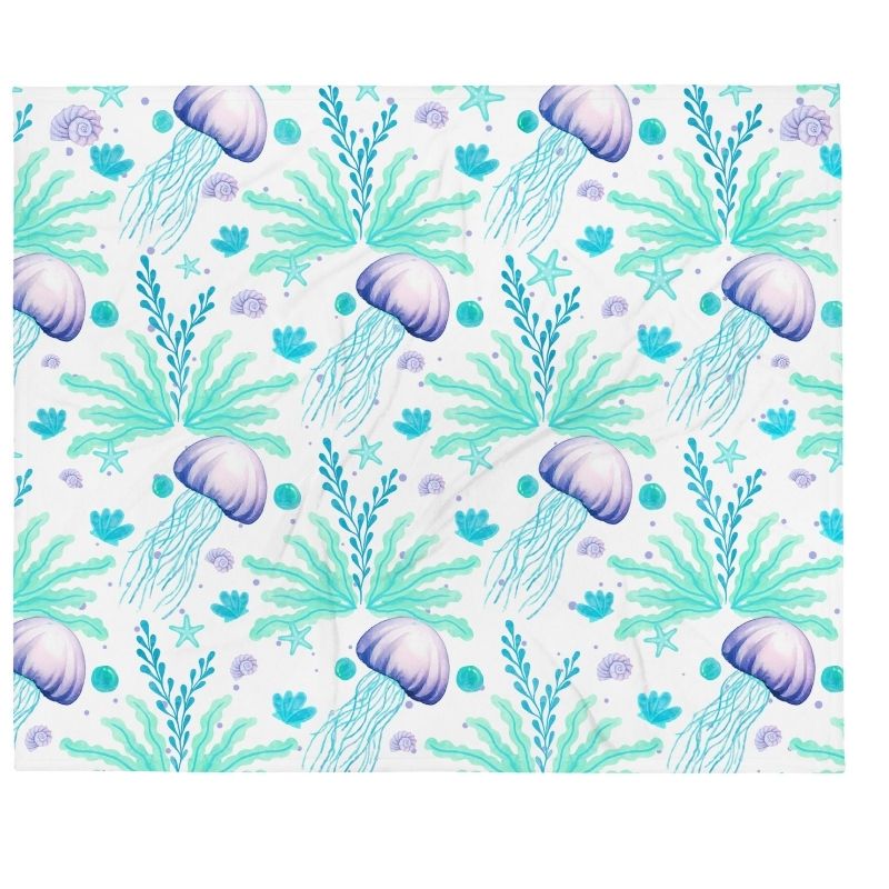 Jelly Drift Aqua & Lavender Throw Blanket 50x60 — coastal throw blanket with jellyfish design on white background