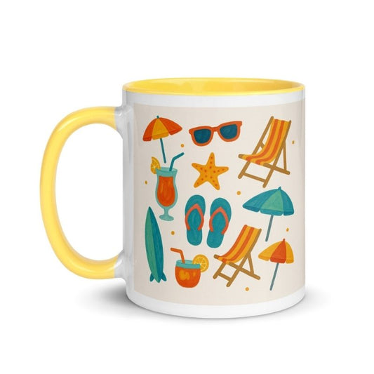 Ceramic coffee mug with handle on the left side, yellow color inside and on handle