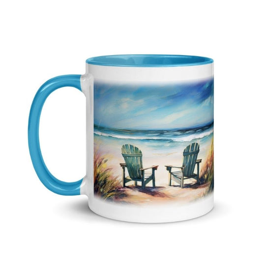 Ceramic coffee mug with handle on the left side, blue color inside and on handle