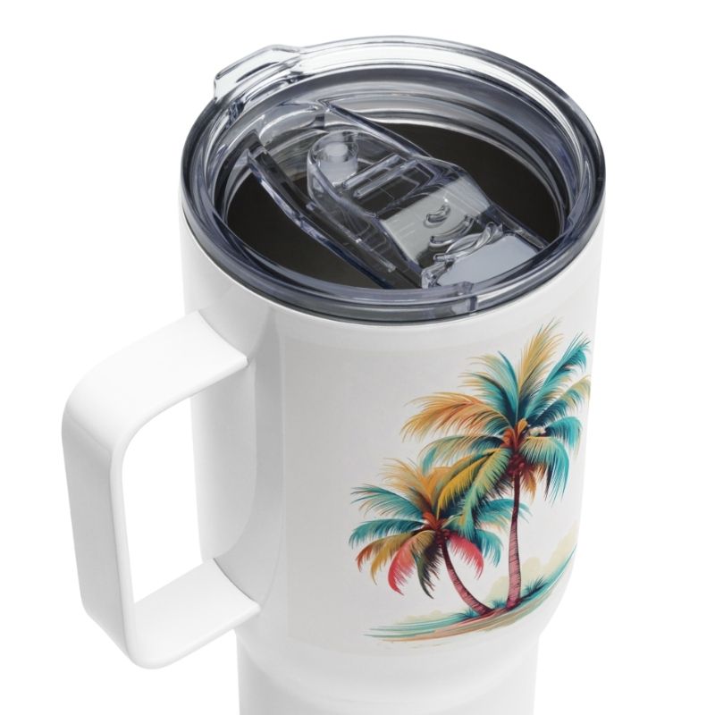 Top-down angled view of the coffee mug showing the lid, handle, and the soft coastal design of this 25 oz insulated tumbler—your best travel mug companion.