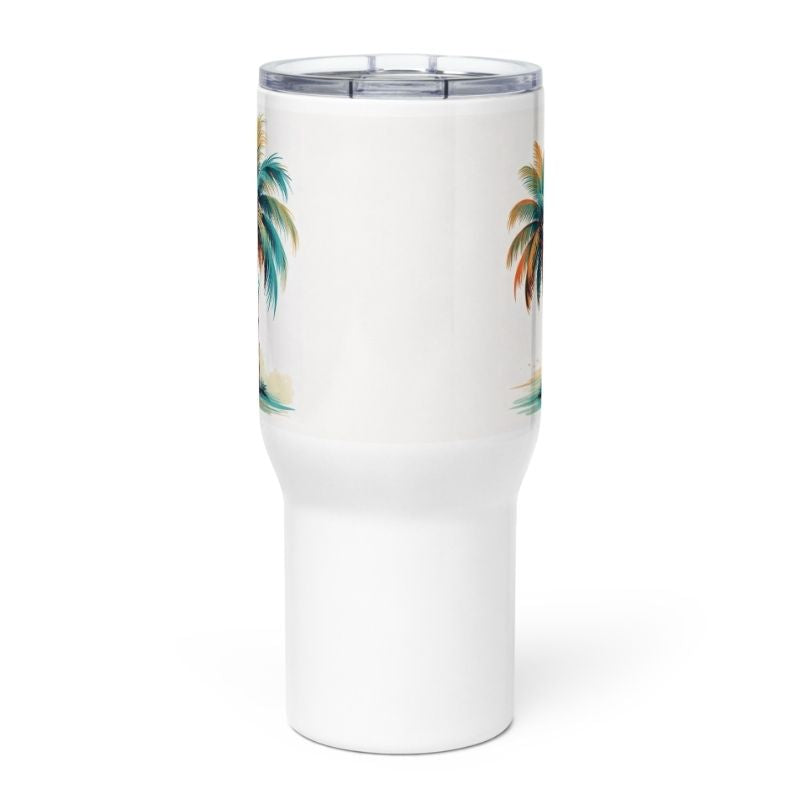 Front view of the travel mug, a 25 oz coffee tumbler with handle—sleek, beach-inspired, and built like the best travel coffee mug.