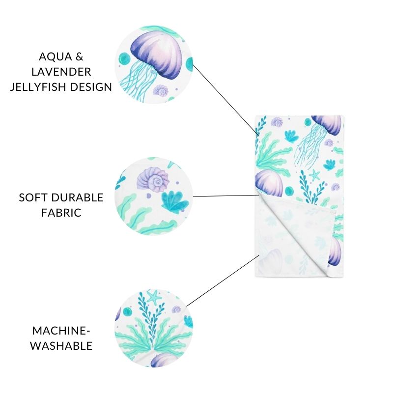 close up of a beach table runner with jellyfish design, soft durable fabric, and machine-washable features on a white background.