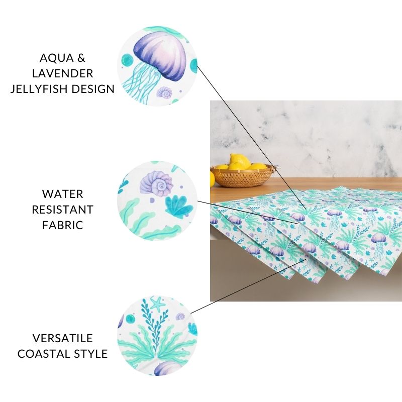 Set of 4 beach themed placemats with jellyfish design on a table, with text: water resistance, coastal style, aqua and lavender design