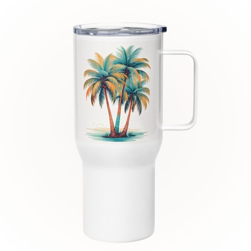 back view of the travel mug, a 25 oz coffee tumbler with handle—sleek, beach-inspired, and built like the best travel coffee mug.