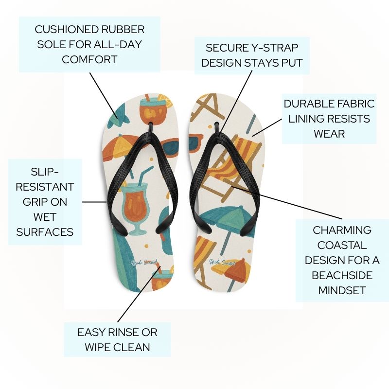 Flip flops women features diagram highlighting cushioned sole, grip, and coastal design elements
