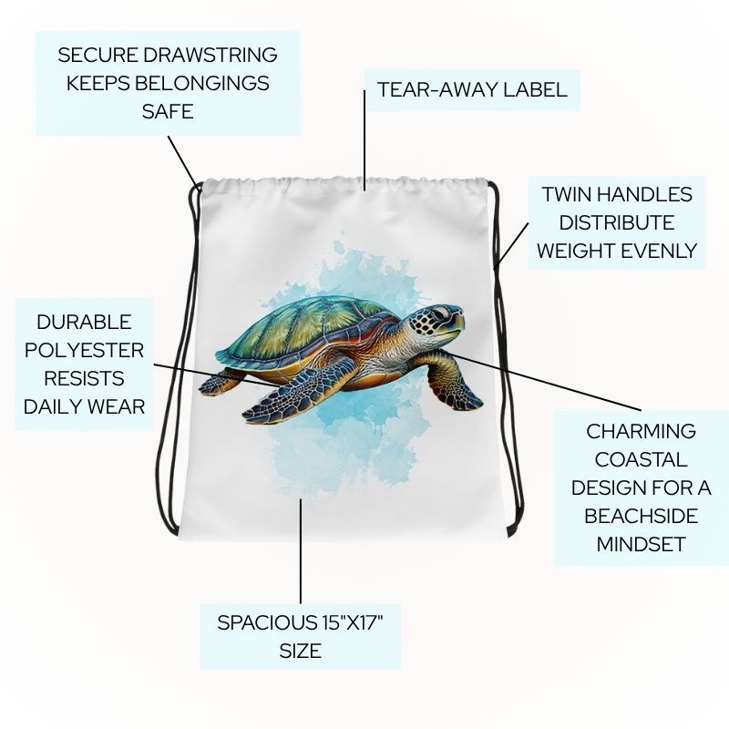 Drawstring backpack features diagram showing secure closure, handles, and coastal design elements
