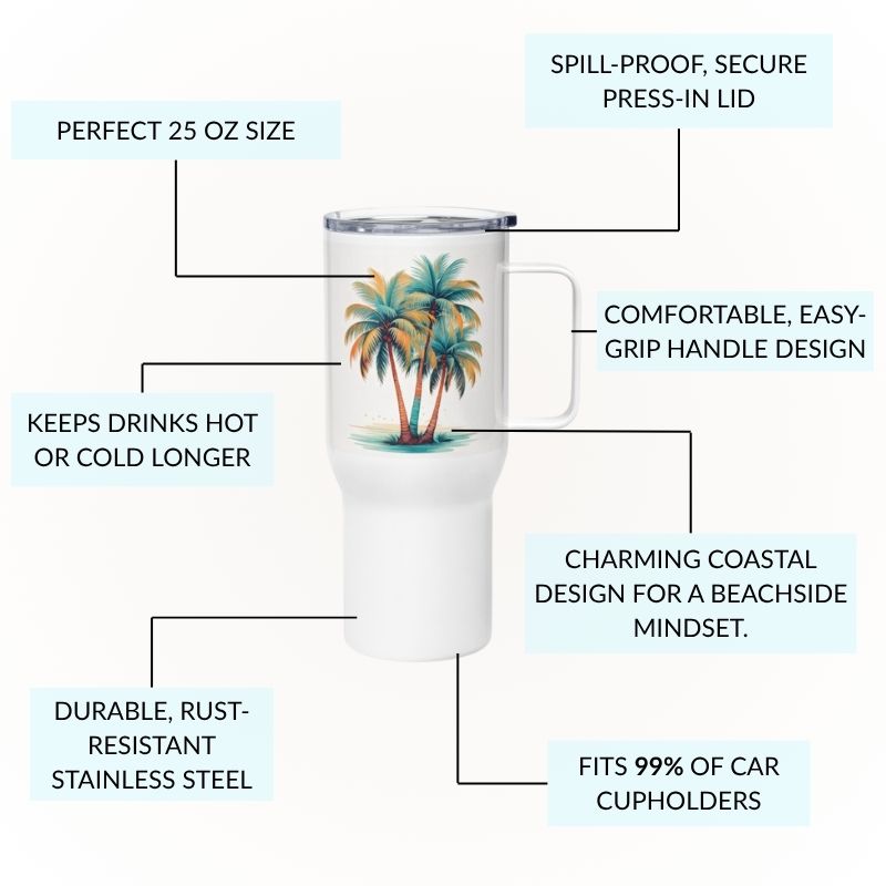 25 oz insulated tumbler with callouts highlighting key features—your best coffee tumbler, travel mug, and insulated cup for hot or cold drinks.