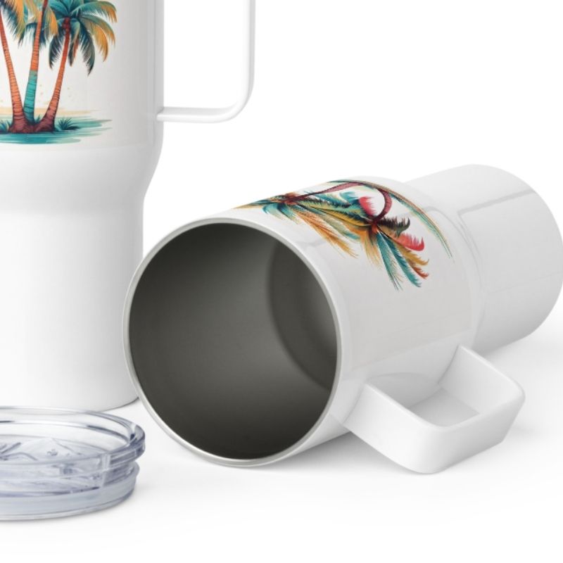 Two travel cups: one standing upright with lid on, the other on its side showing stainless steel interior—ideal travel mugs and insulated cups for on-the-go sipping.