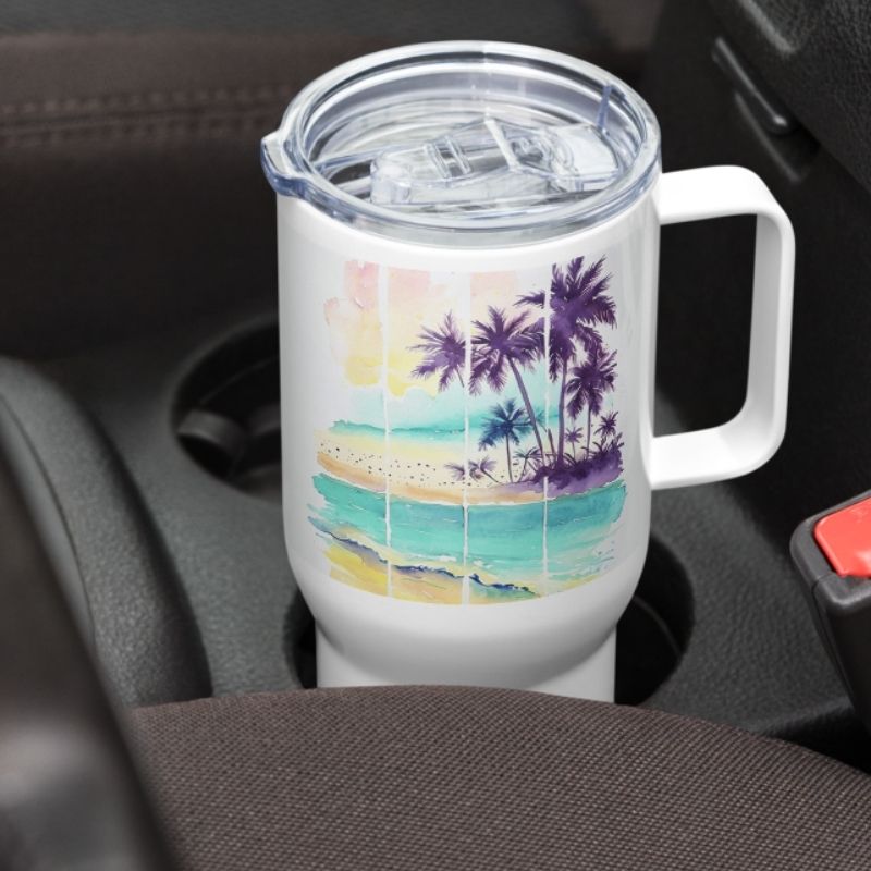 25 oz coffee mug sitting securely in a car cupholder—proving it’s the best travel mug and coffee tumbler for busy mornings and long drives.