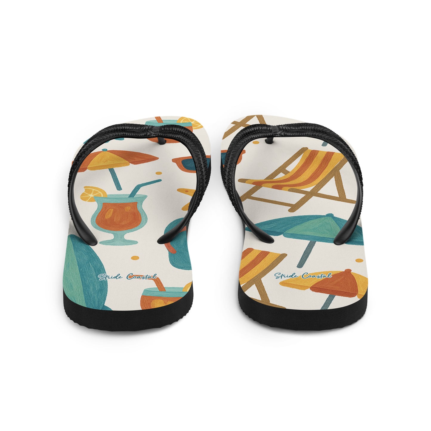 Rubber flip flops featuring coastal print in ocean inspired colors
 seen from the back