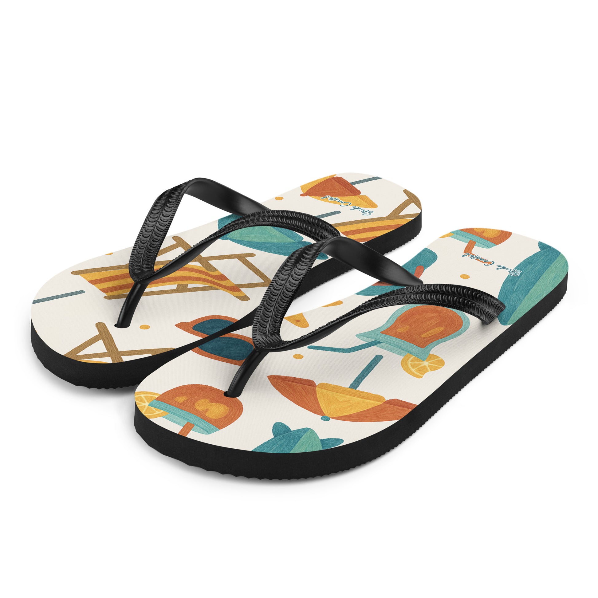 Comfort flip flops displaying ocean themed pattern and black Y-strap design
 seen from the side