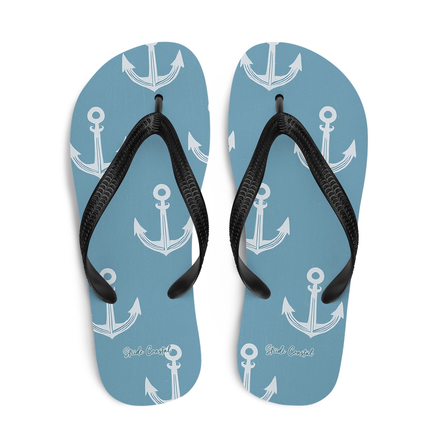 nautical anchors design flip flops seen from above with y shaped toe post straps