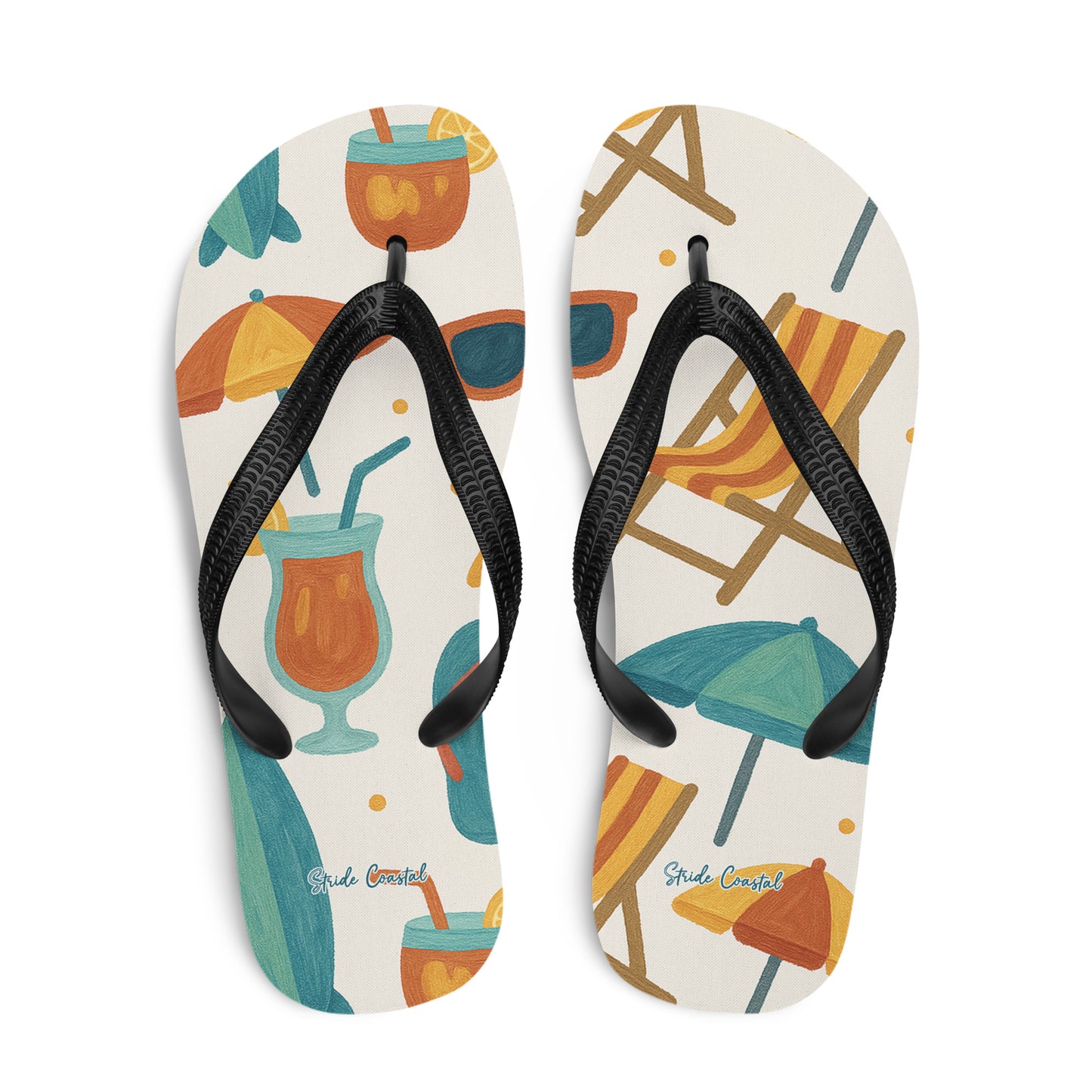 Comfortable sandals with beach fun design shown from above