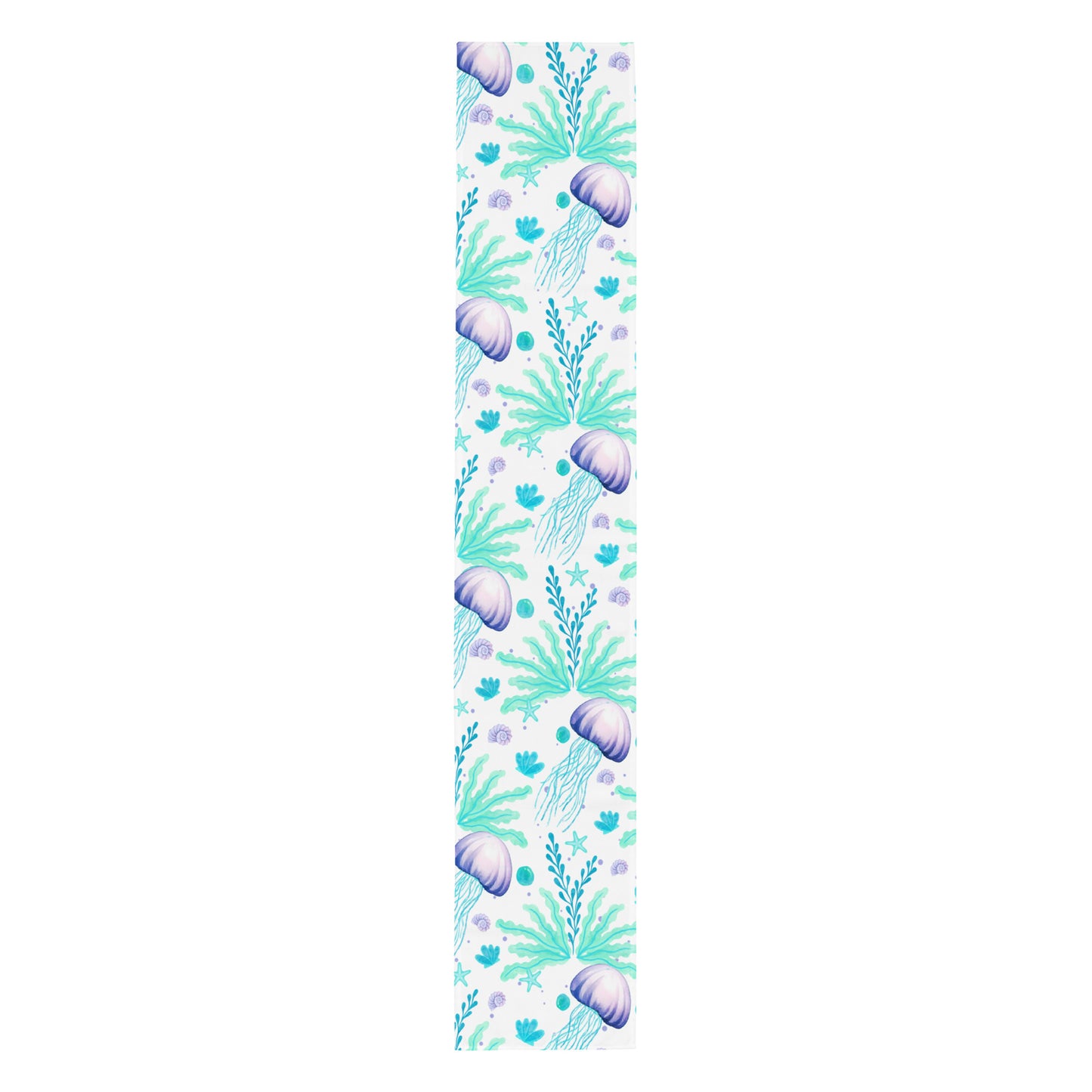 table runner with jellyfish and seaweed pattern on a white background