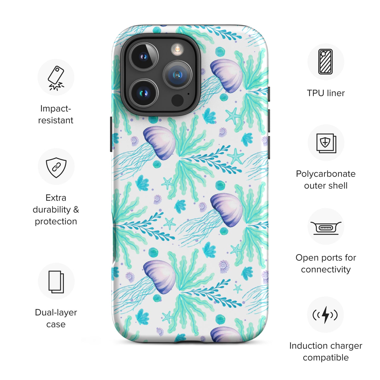 coastal iphone with ocean inspired jellyfish design, text reads Impact resistant, extra durability