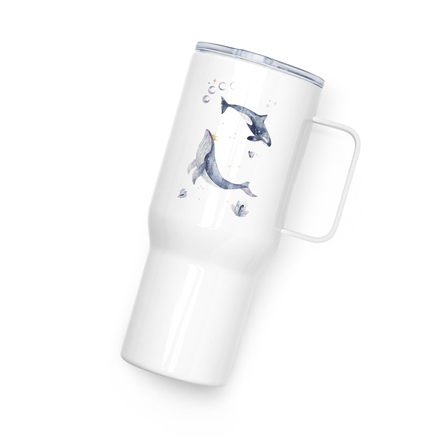 view of the travel mug, a 25 oz coffee tumbler with handle—sleek, beach-inspired, and built like the best travel coffee mug.