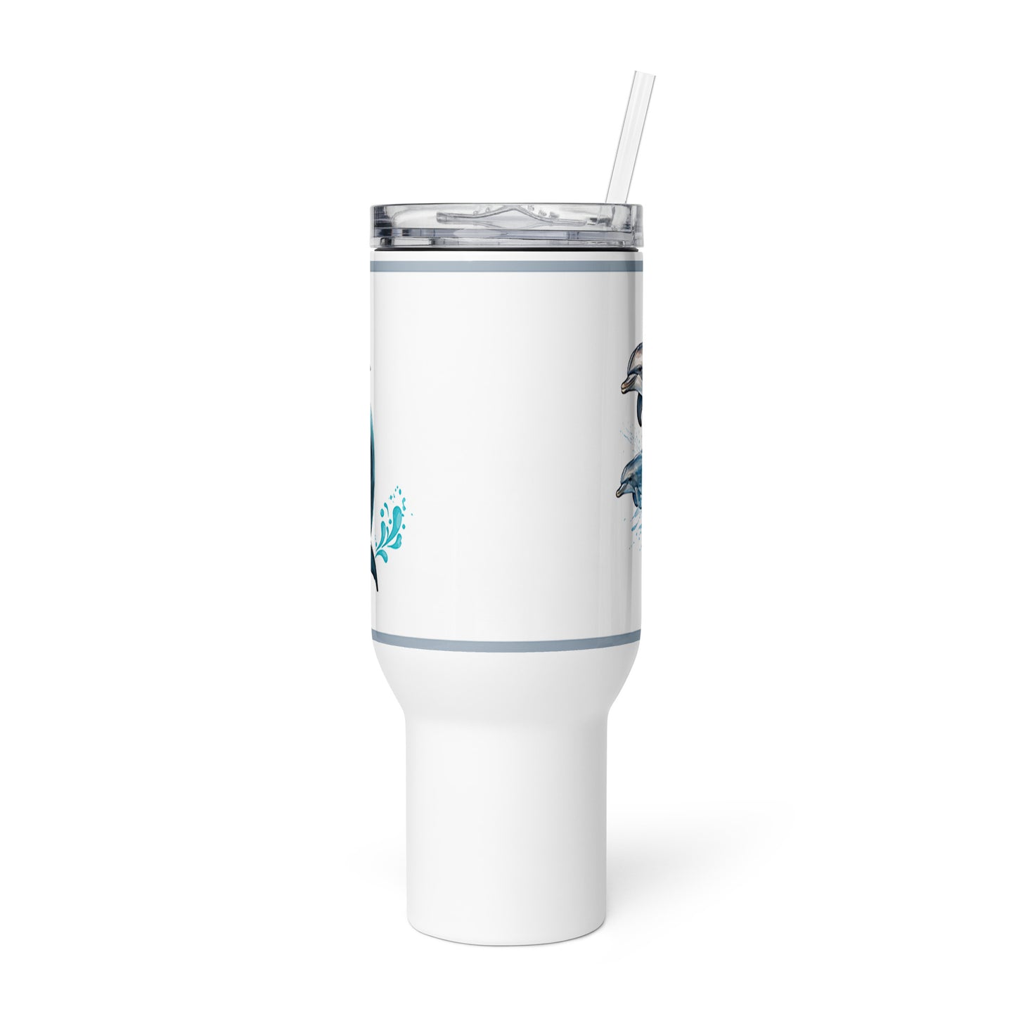Front view of the travel mug, a 40 oz coffee tumbler with handle—sleek, beach-inspired, and built like the best travel coffee mug.