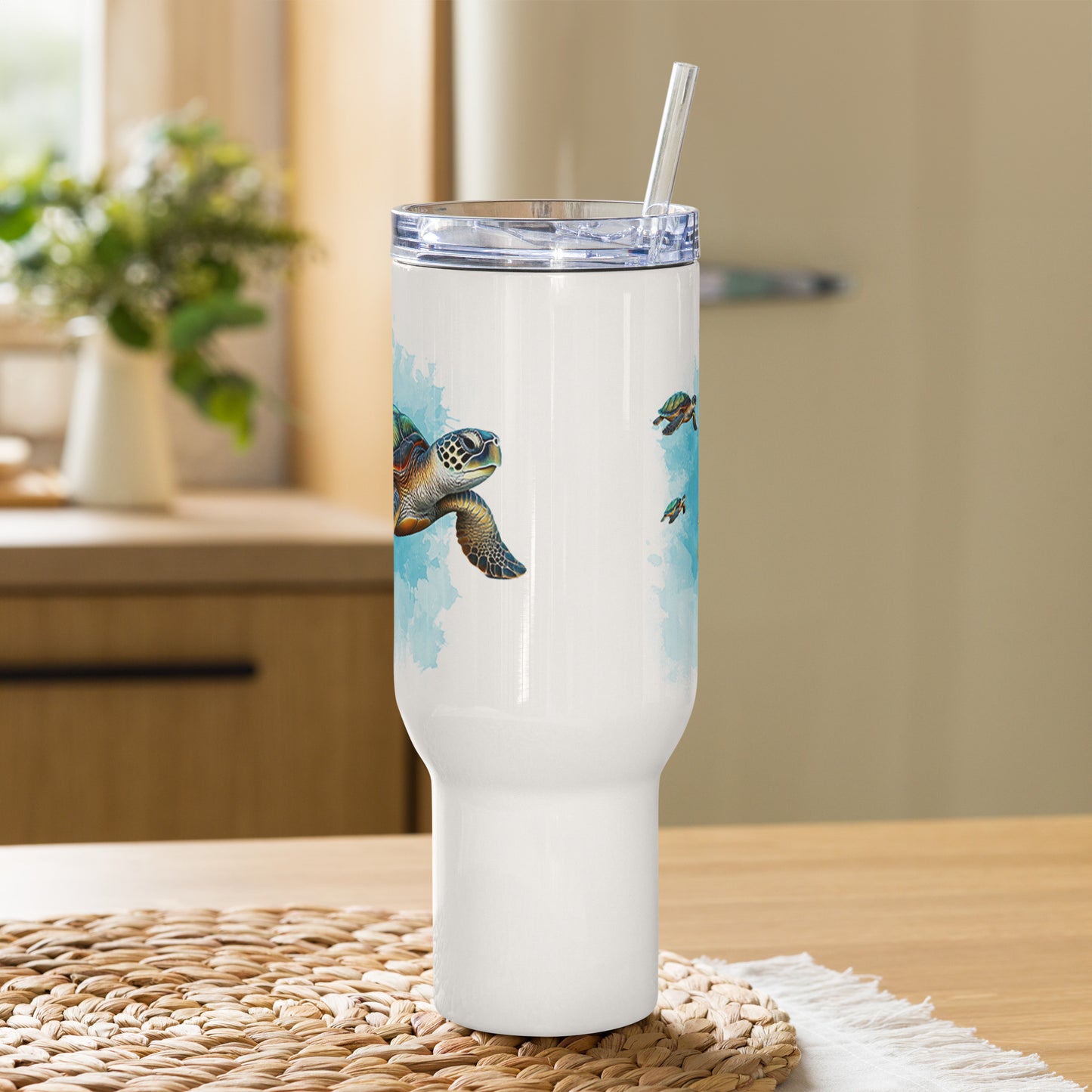 sode view of the travel mug, a 40 oz coffee tumbler with handle—sleek, beach-inspired, and built like the best travel coffee mug.